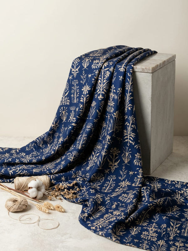 Navy Ethnic Botanical Motif Kora Silk Digital Printed Fabric - Fabric Editorial Studio Flatlay Lookbook - KS-0-TA08751-110