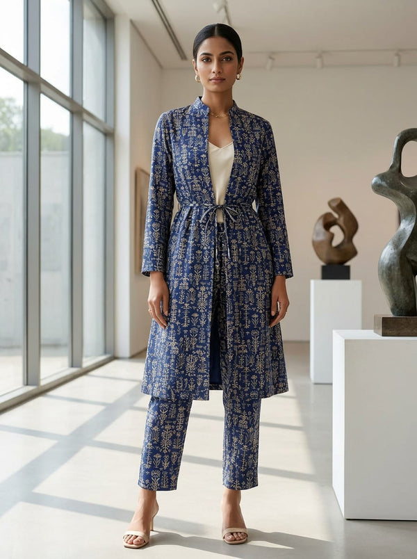 Navy Ethnic Botanical Motif Kora Silk Digital Printed Fabric - Jacket Kurta with Straight Pants Lookbook - KS-0-TA08751-110 - alternate view