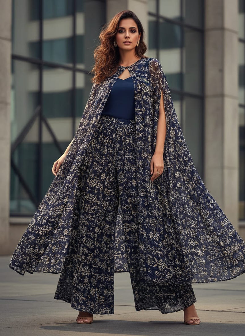 Navy Ethnic Botanical Jaal Print Pure Georgette Digital Printed Fabric