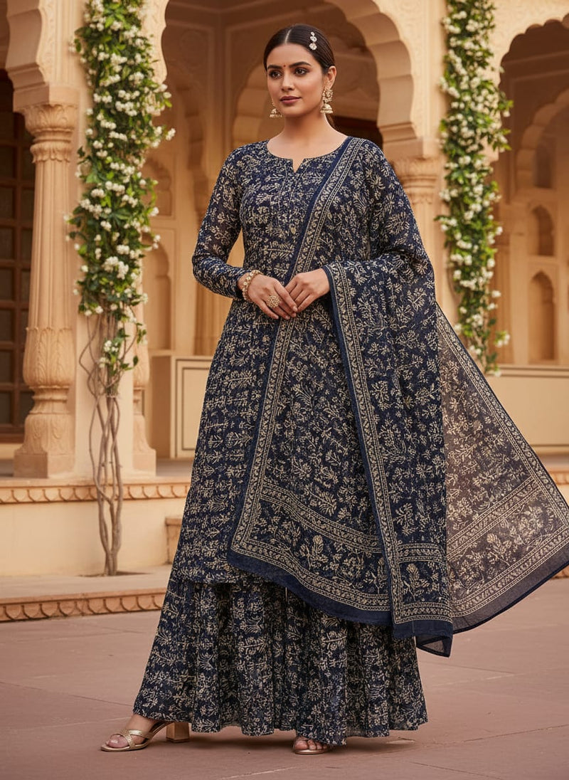 Navy Ethnic Botanical Jaal Print Pure Georgette Digital Printed Fabric
