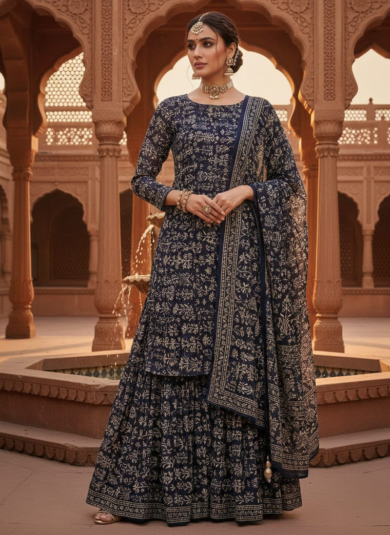 Navy Ethnic Botanical Jaal Print Pure Georgette Digital Printed Fabric