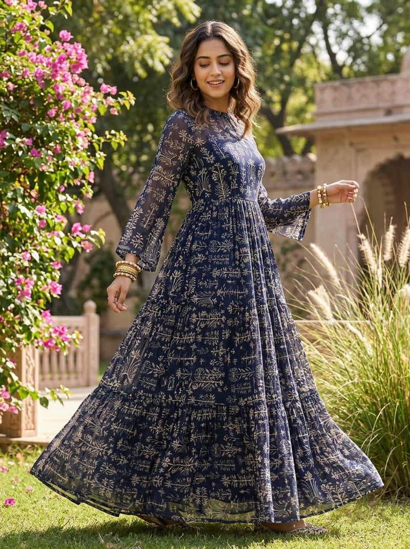Navy Ethnic Botanical Jaal Print Pure Georgette Digital Printed Fabric