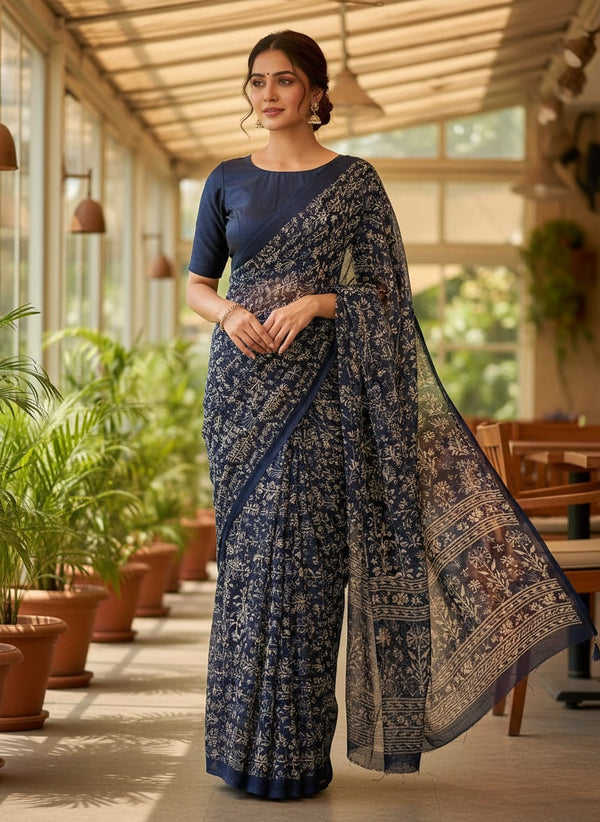 Navy Ethnic Botanical Jaal Print Pure Georgette Digital Printed Fabric - Saree Lookbook - PG-0-TA08751-110 - alternate view