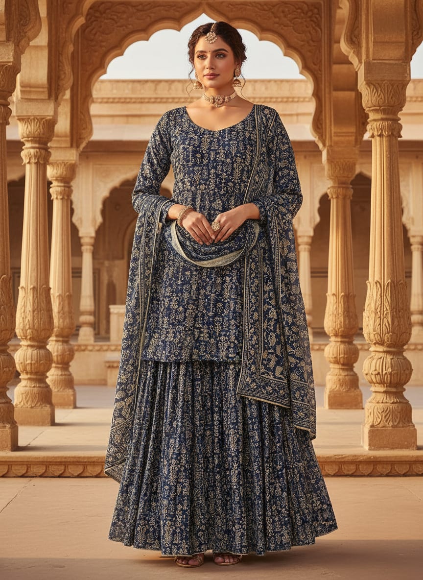 Navy Ethnic Floral Buti Pure Chinon Digital Printed Fabric