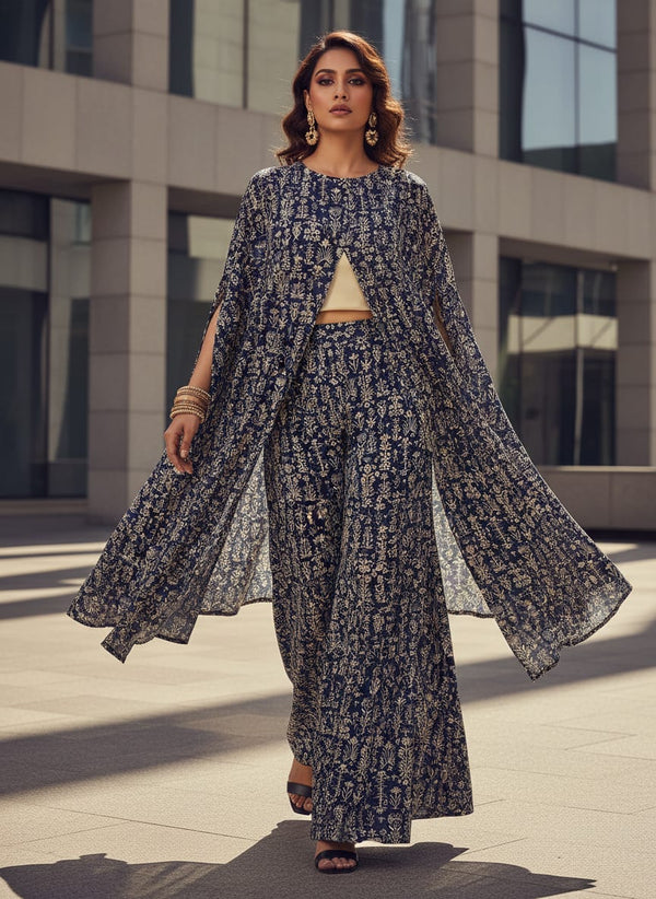 Decorative Floral Vintage Art Digital Printed Fabric - Pure Chinon - Cape with Palazzo Lookbook - PC-0-TA08751-106 - alternate view