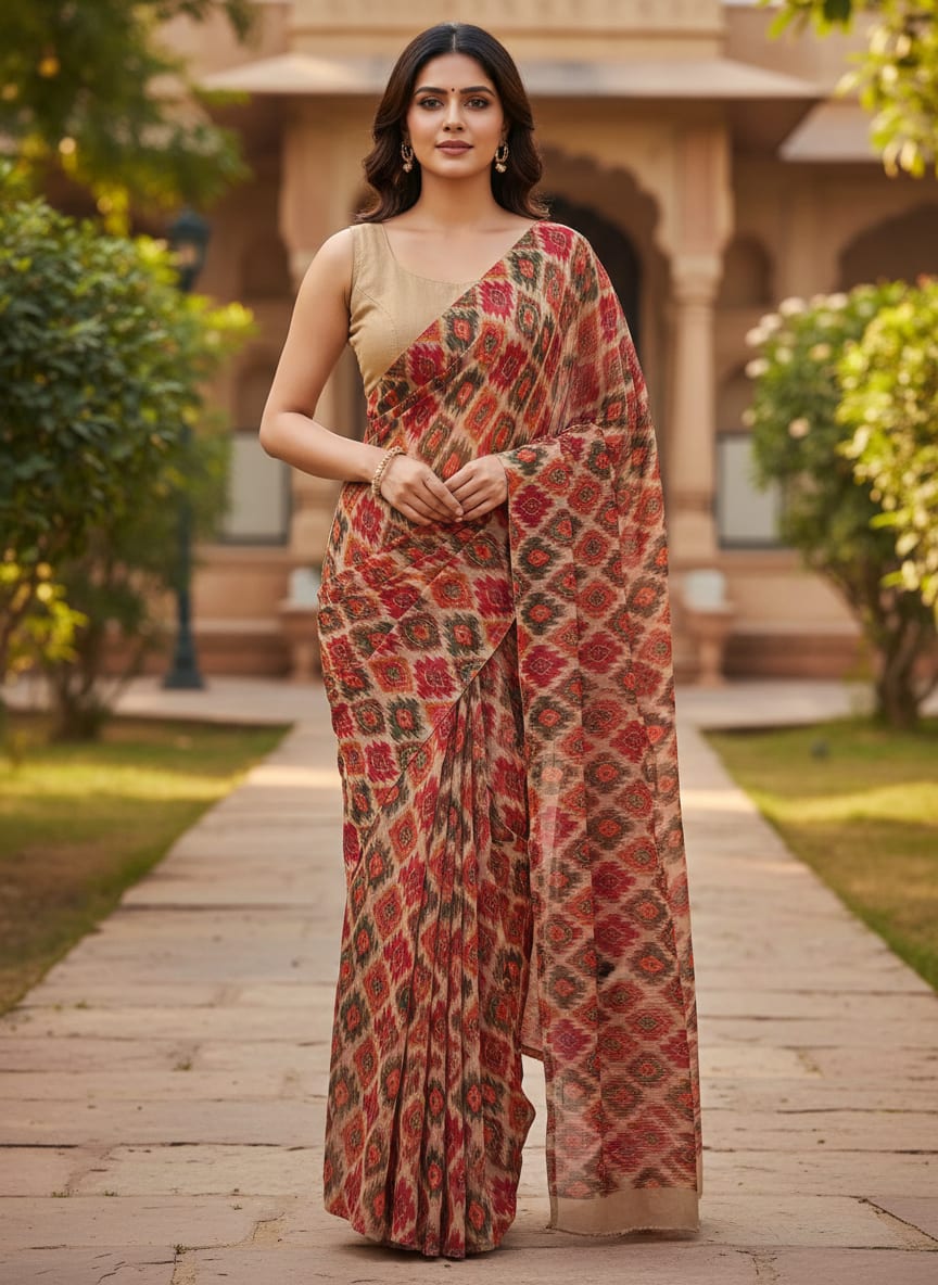 Multicolor Ethnic Ikat Diamond Pattern Weightless Digital Printed Fabric