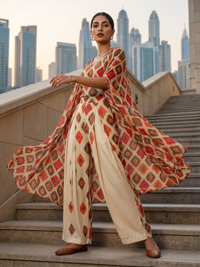 Multicolor Ethnic Ikat Diamond Pattern Weightless Digital Printed Fabric