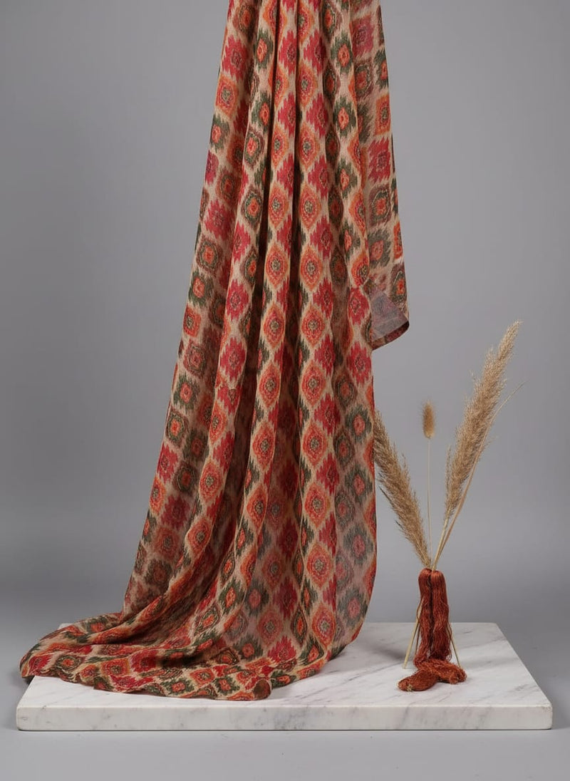 Multicolor Ethnic Ikat Diamond Pattern Weightless Digital Printed Fabric
