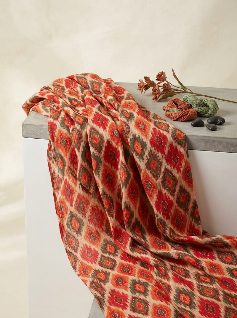 Multicolor Ethnic Ikat Diamond Pattern Pure Cotton Digital Printed Fabric