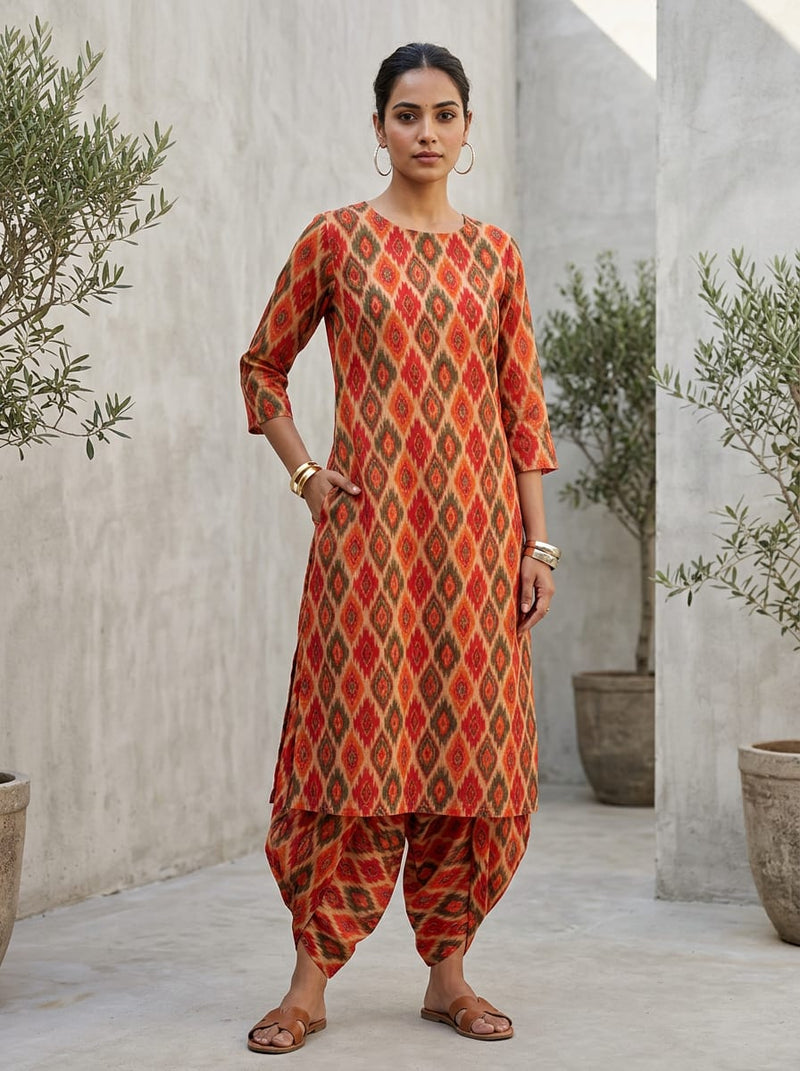 Multicolor Ethnic Ikat Diamond Pattern Pure Cotton Digital Printed Fabric