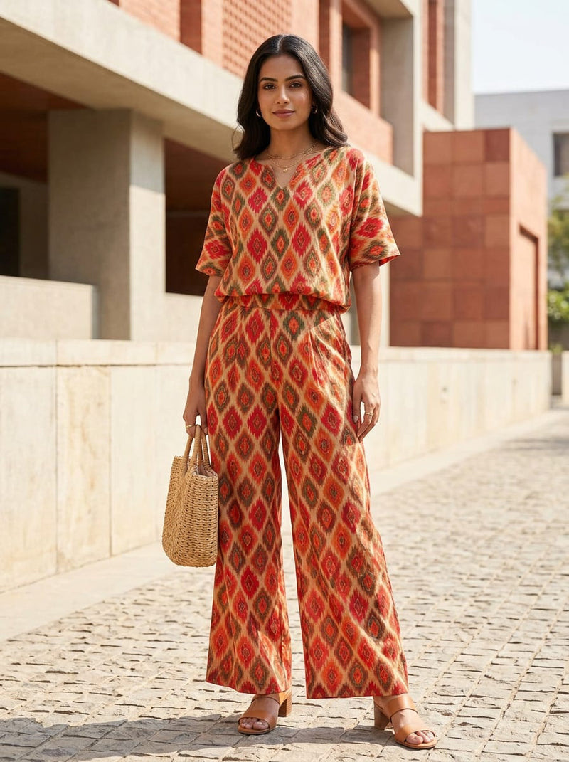 Multicolor Ethnic Ikat Diamond Pattern Pure Cotton Digital Printed Fabric