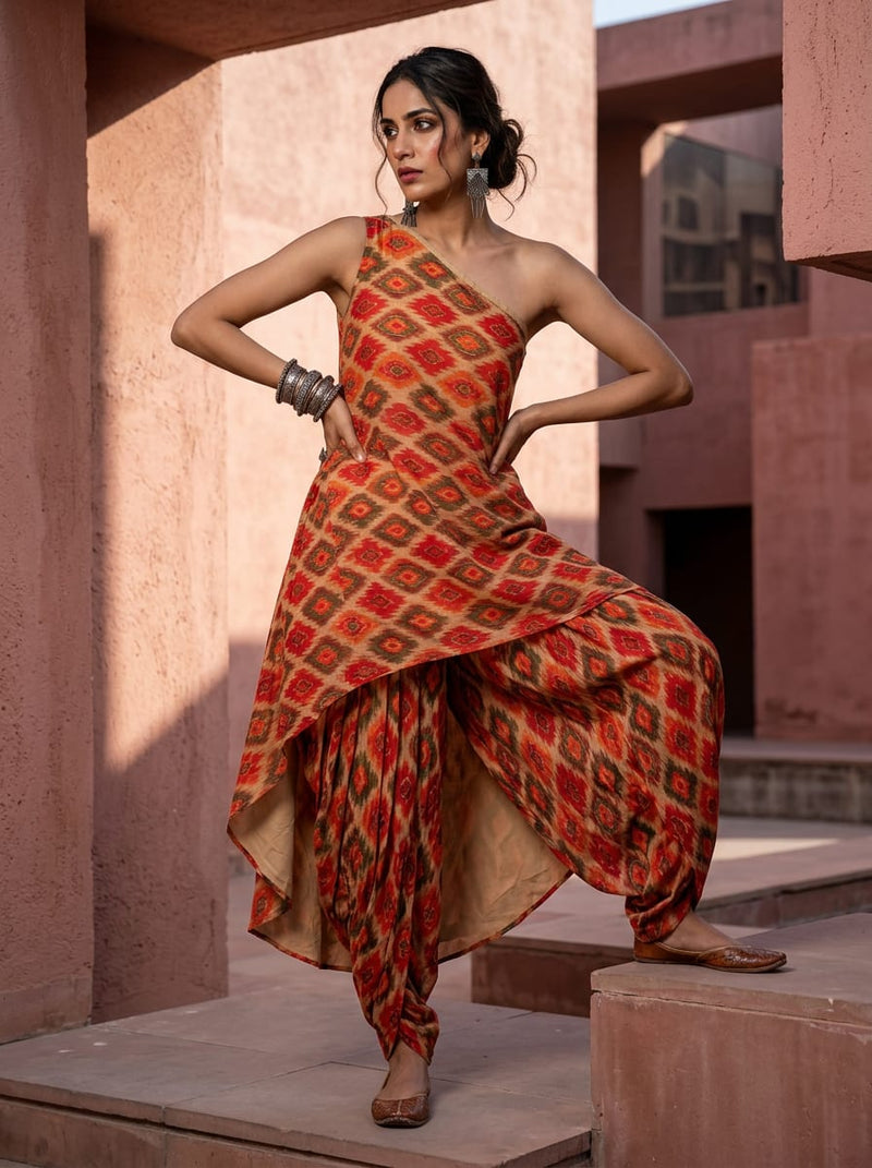 Multicolor Ethnic Ikat Diamond Pattern Pure Cotton Digital Printed Fabric