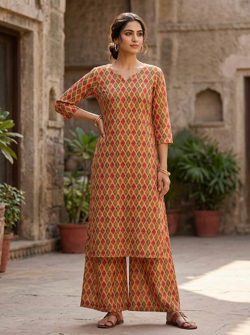 Multicolor Ethnic Ikat Diamond Pure Muslin Digital Printed Fabric