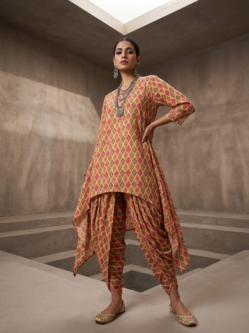 Multicolor Ethnic Ikat Diamond Pure Muslin Digital Printed Fabric