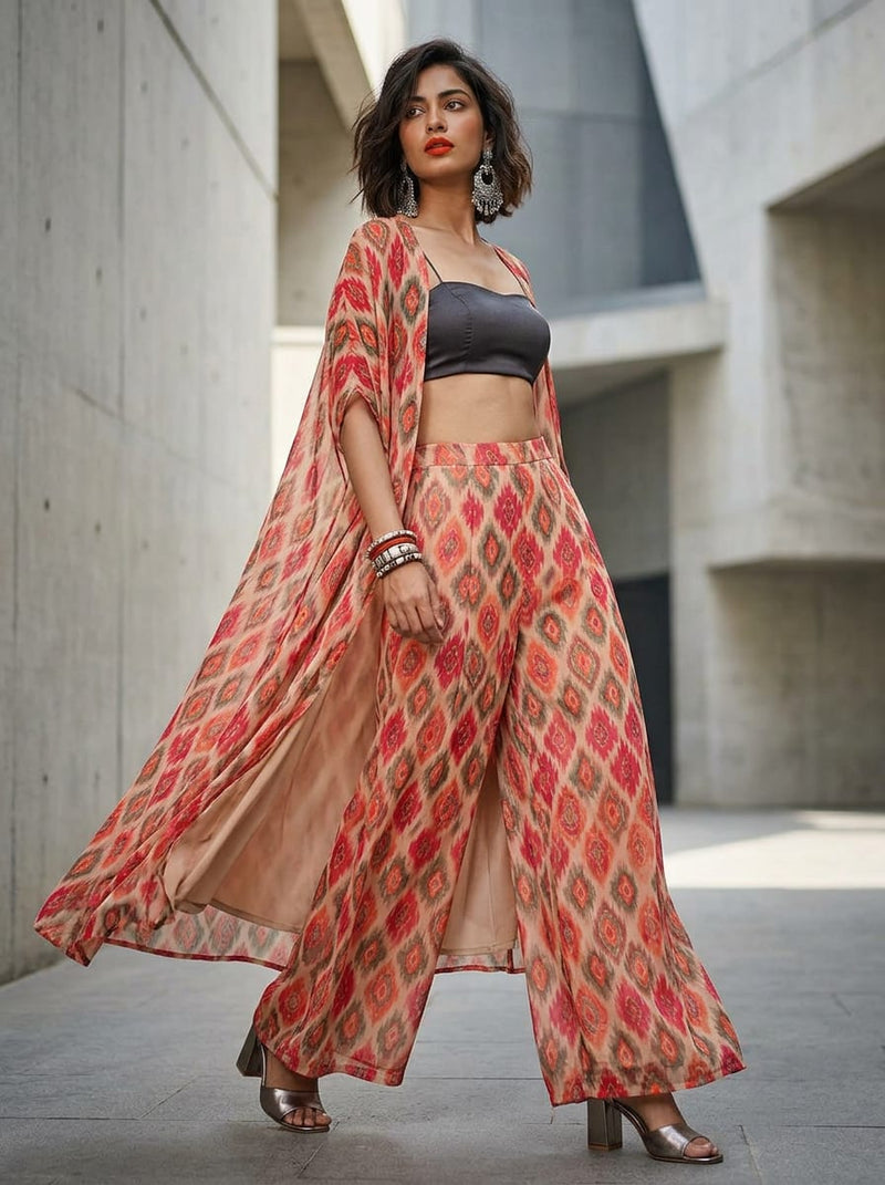 Multicolor Ethnic Ikat Diamond Pattern Pure Georgette Digital Printed Fabric