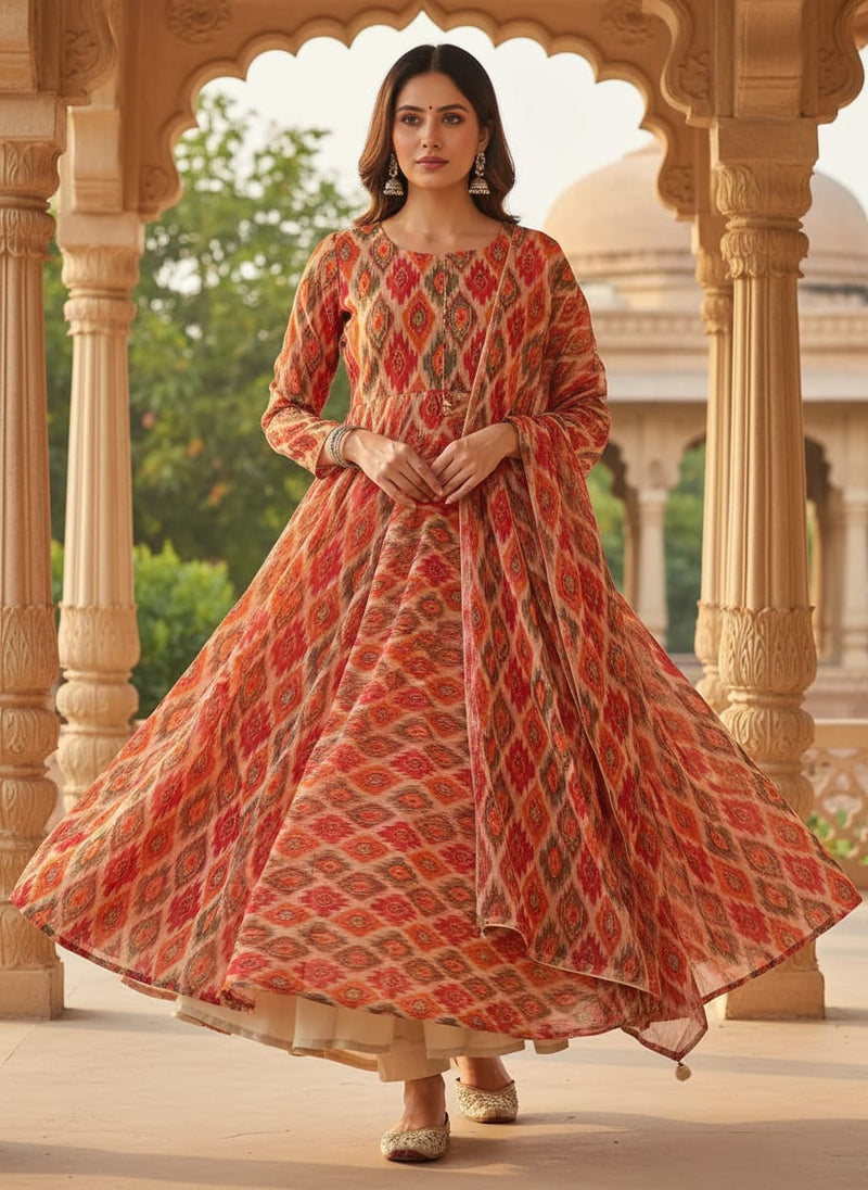 Multicolor Ethnic Ikat Diamond Pattern Pure Georgette Digital Printed Fabric
