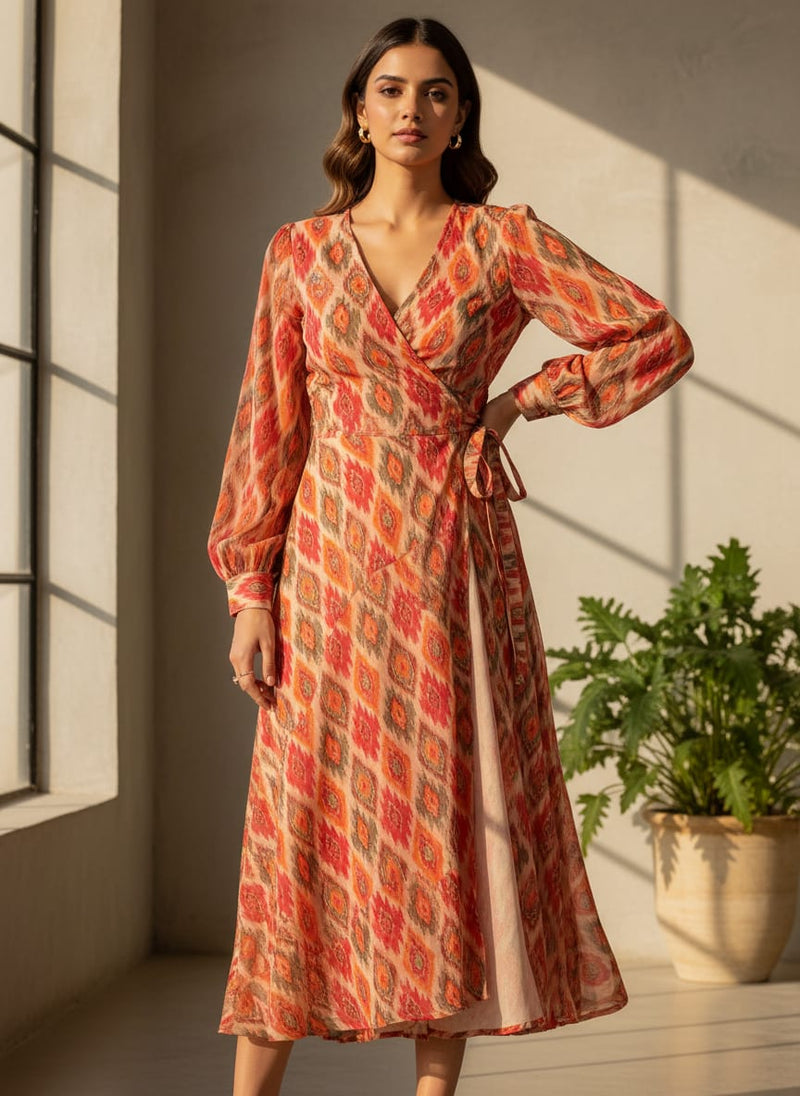 Multicolor Ethnic Ikat Diamond Pattern Pure Georgette Digital Printed Fabric