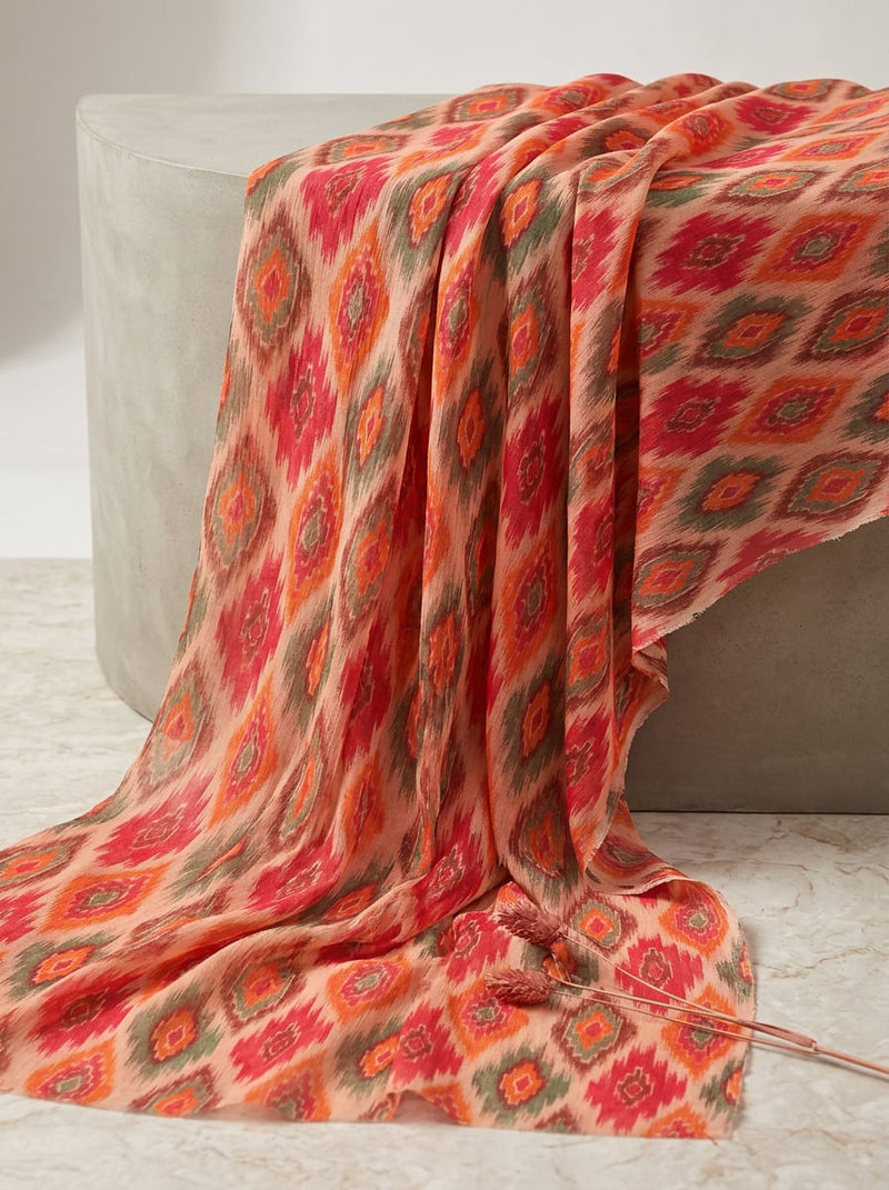 Multicolor Ethnic Ikat Diamond Pattern Pure Georgette Digital Printed Fabric