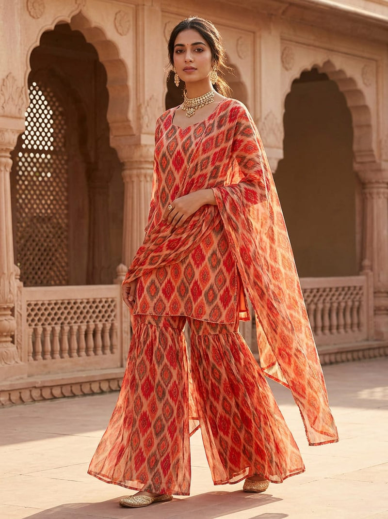 Multicolor Ethnic Ikat Diamond Pattern Pure Georgette Digital Printed Fabric