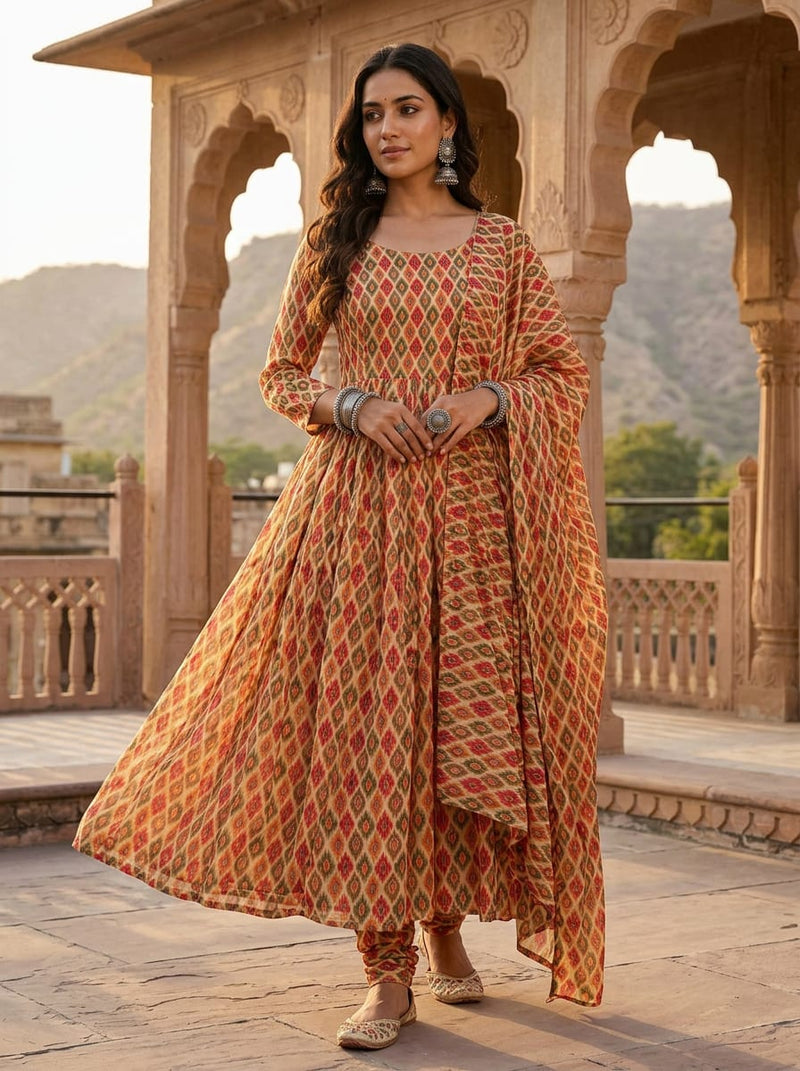 Multicolor Ethnic Ikat Diamond Pattern Pure Chinon Digital Printed Fabric