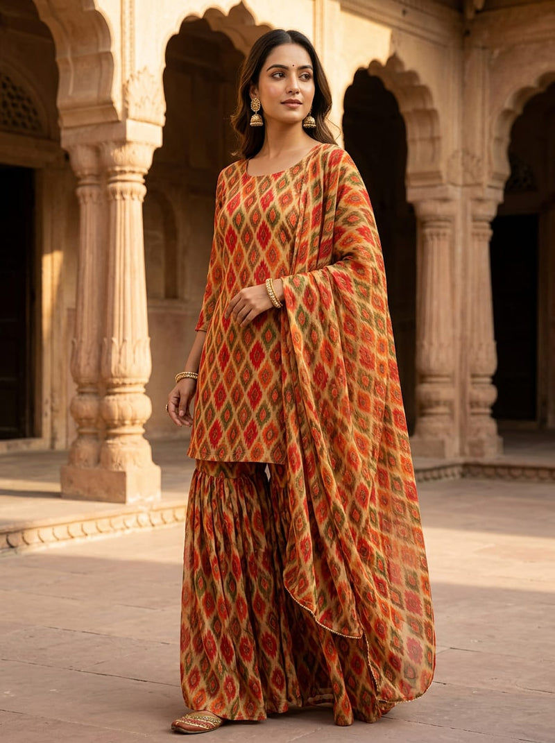 Multicolor Ethnic Ikat Diamond Pure Chiffon Digital Printed Fabric