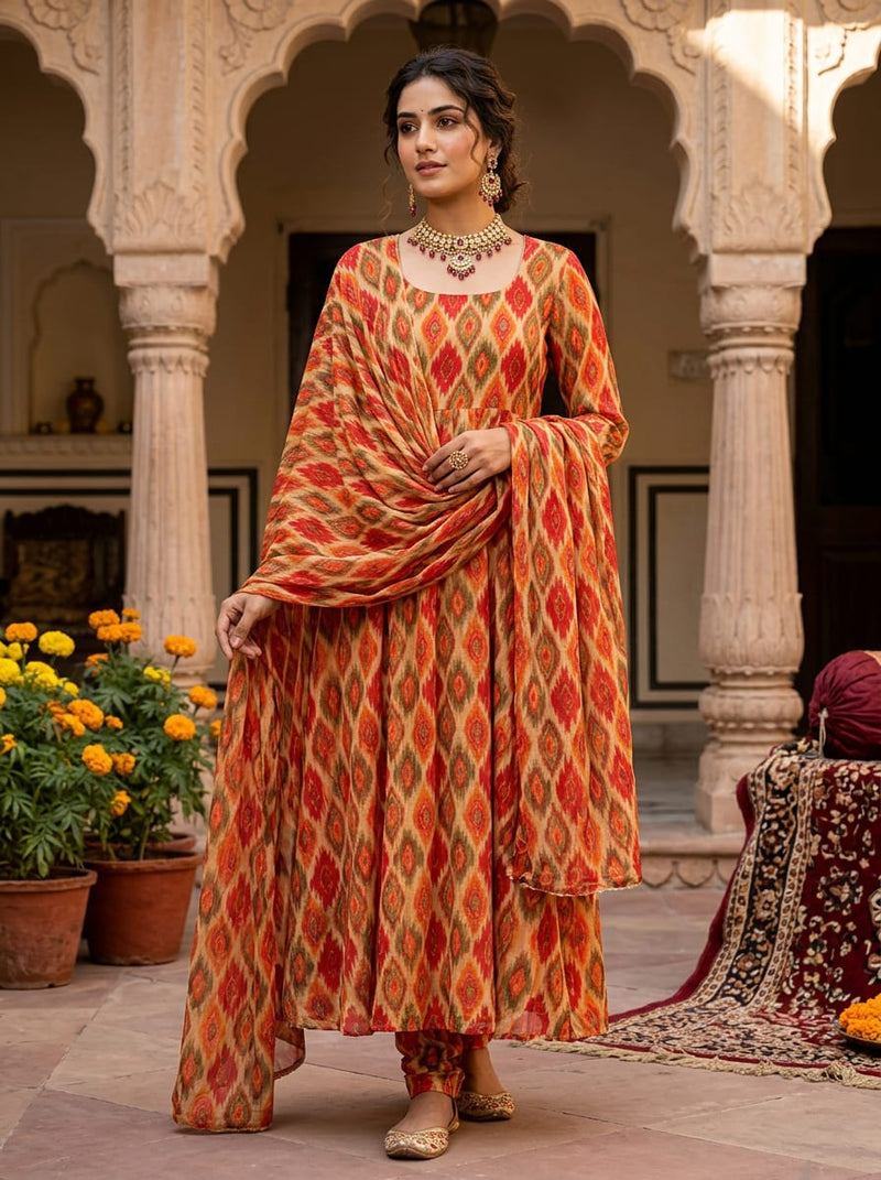 Multicolor Ethnic Ikat Diamond Pure Chiffon Digital Printed Fabric