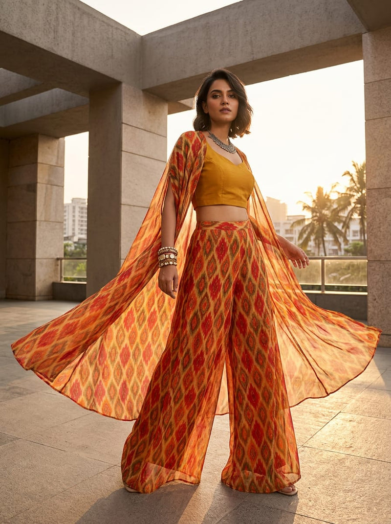Multicolor Ethnic Ikat Diamond Pure Chiffon Digital Printed Fabric