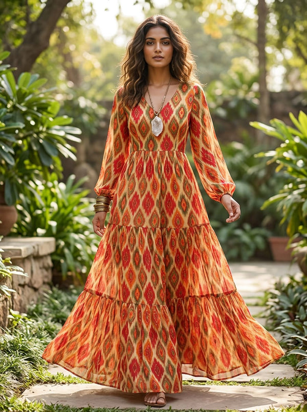 Multicolor Ethnic Ikat Diamond Pure Chiffon Digital Printed Fabric - Flowy Maxi Dress Lookbook - PCH-0-TA08752-96 - alternate view