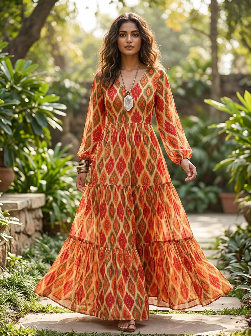 Multicolor Ethnic Ikat Diamond Pure Chiffon Digital Printed Fabric