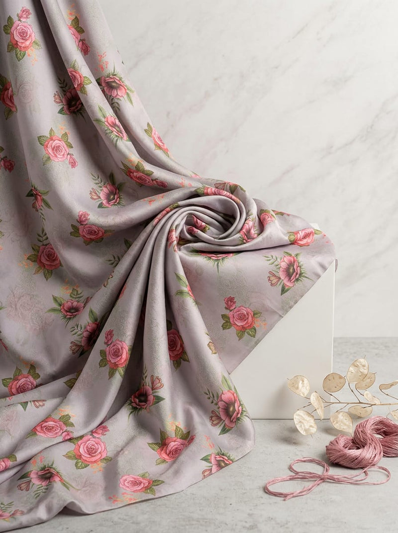 Grey Vintage Rose Floral Japan Satin Digital Printed Fabric