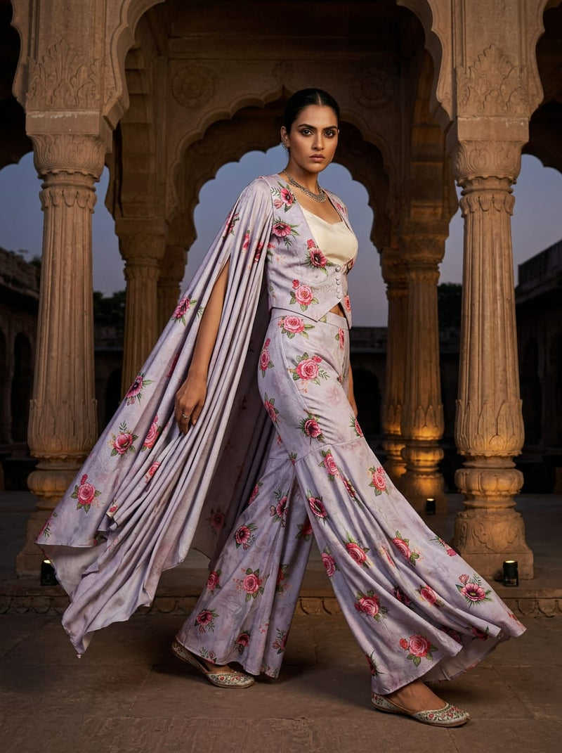 Grey Romantic Rose Floral Silk Crepe Digital Printed Fabric