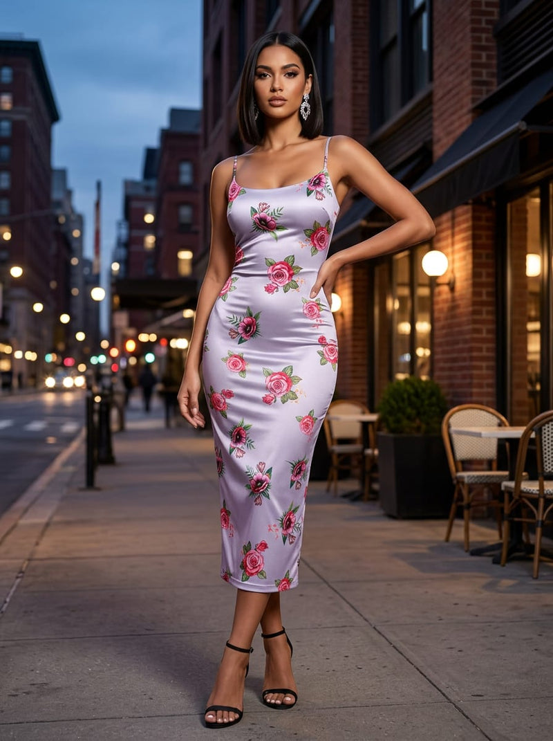 Grey Romantic Rose Floral Silk Crepe Digital Printed Fabric