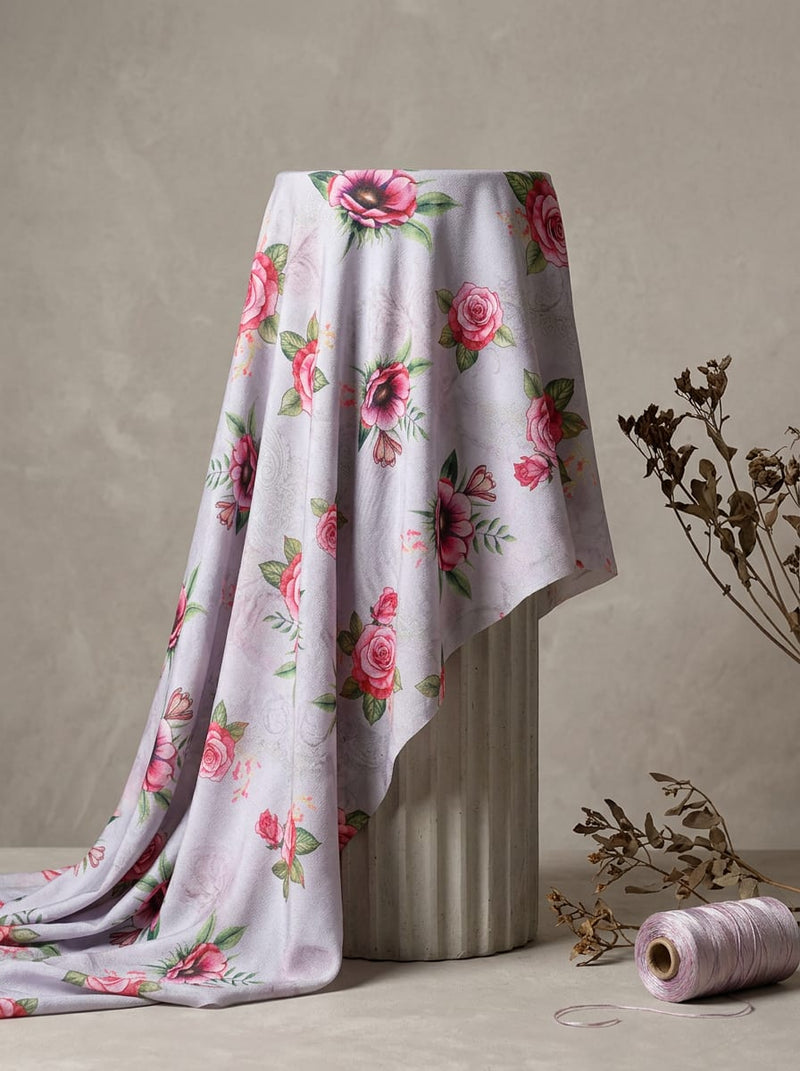 Grey Romantic Rose Floral Silk Crepe Digital Printed Fabric
