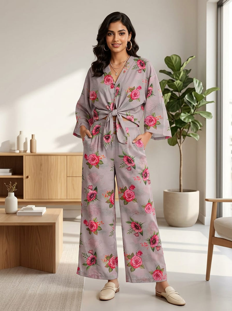 Grey Pink Rose Floral Bouquets Pure Cotton Digital Printed Fabric