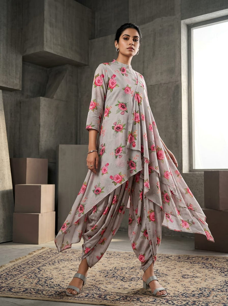Grey Pink Rose Floral Bouquets Pure Cotton Digital Printed Fabric