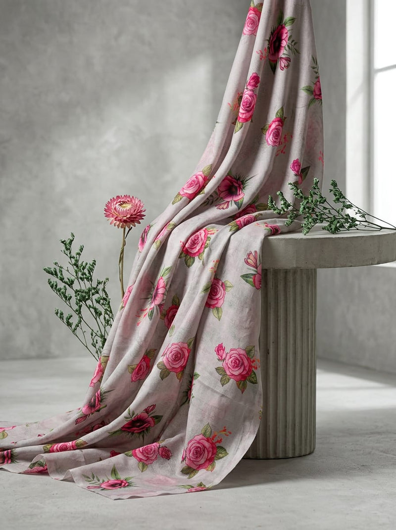 Grey Pink Rose Floral Bouquets Pure Cotton Digital Printed Fabric