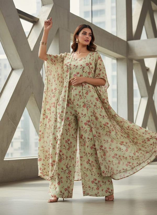 Green Dainty Pink Floral Sprigs Kota Doria Digital Printed Fabric - Cape with Palazzo Lookbook - KD-0-TA08789-110 - alternate view