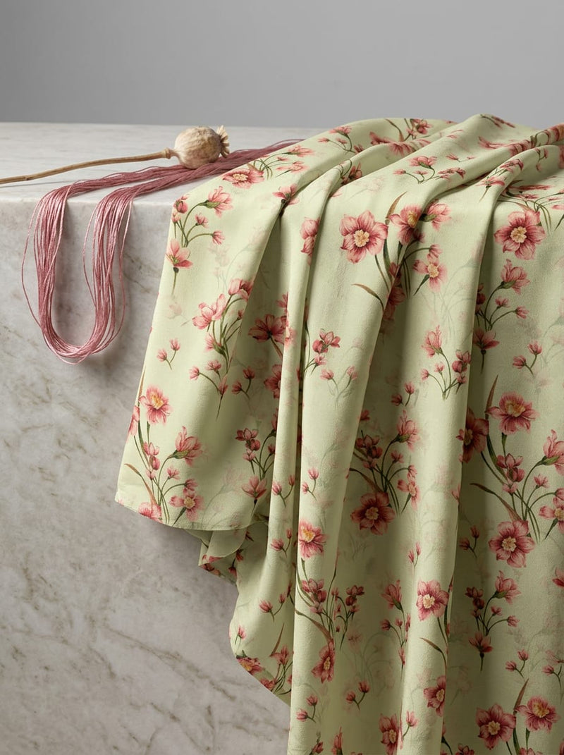 Cream Dainty Pink Floral Sprigs Silk Crepe Digital Printed Fabric