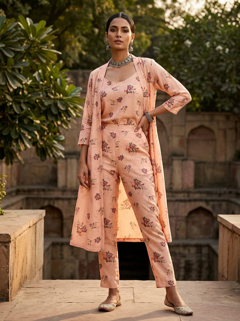 Peach Ditsy Floral Sprigs Kora Silk Digital Printed Fabric