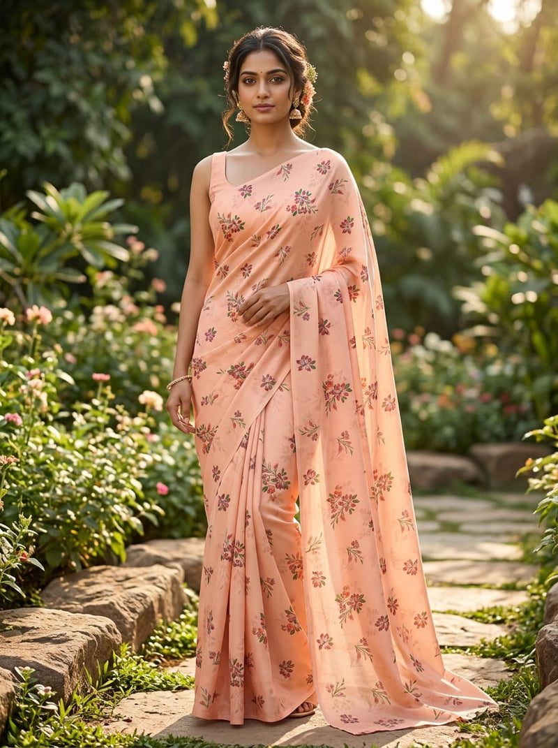 Peach Ditsy Floral Sprigs Kora Silk Digital Printed Fabric