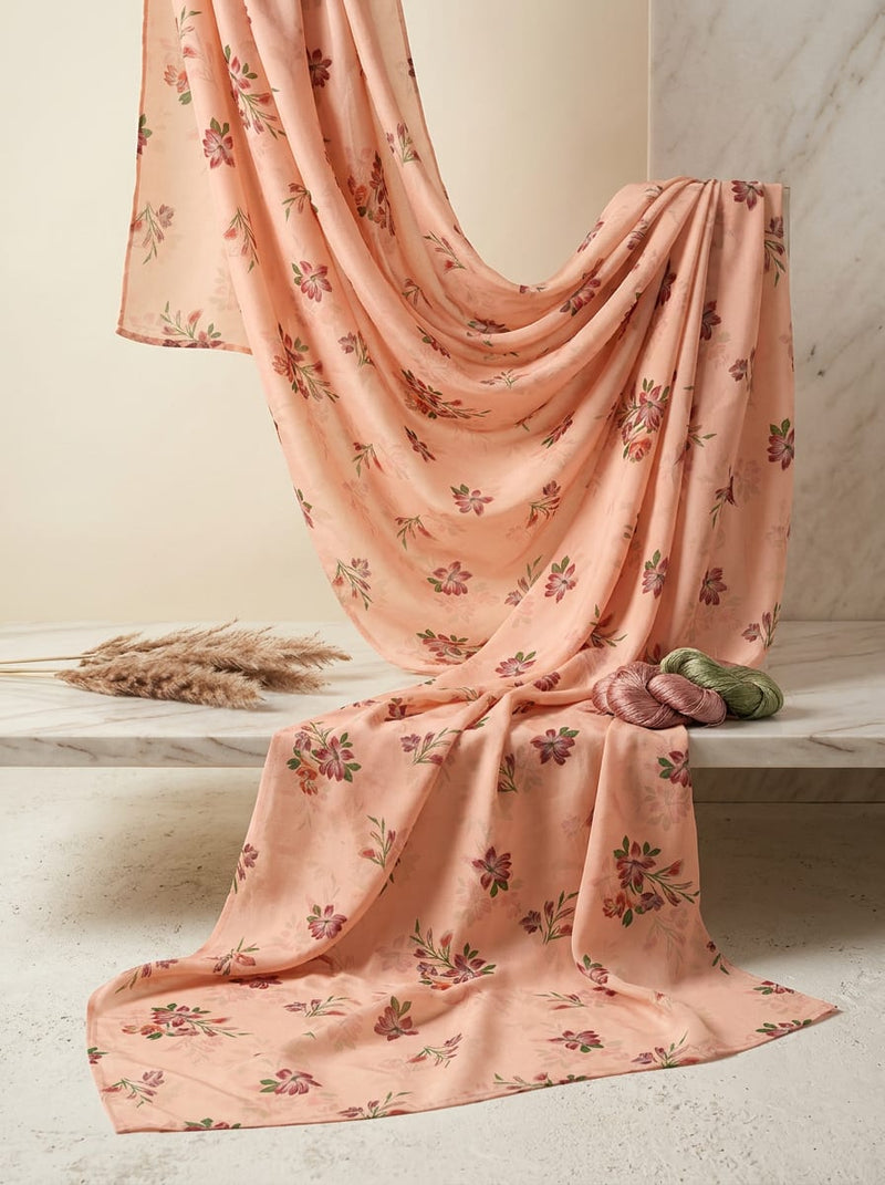 Peach Ditsy Floral Sprigs Kora Silk Digital Printed Fabric