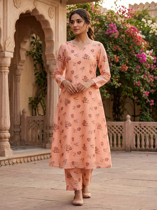 Peach Ditsy Floral Sprigs Kora Silk Digital Printed Fabric - A-Line Kurta with Salwar Lookbook - KS-0-TA08792-110 - alternate view