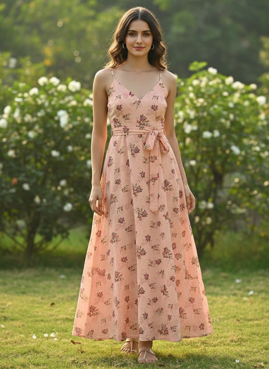 Peach Ditsy Floral Print Pure Muslin Digital Printed Fabric