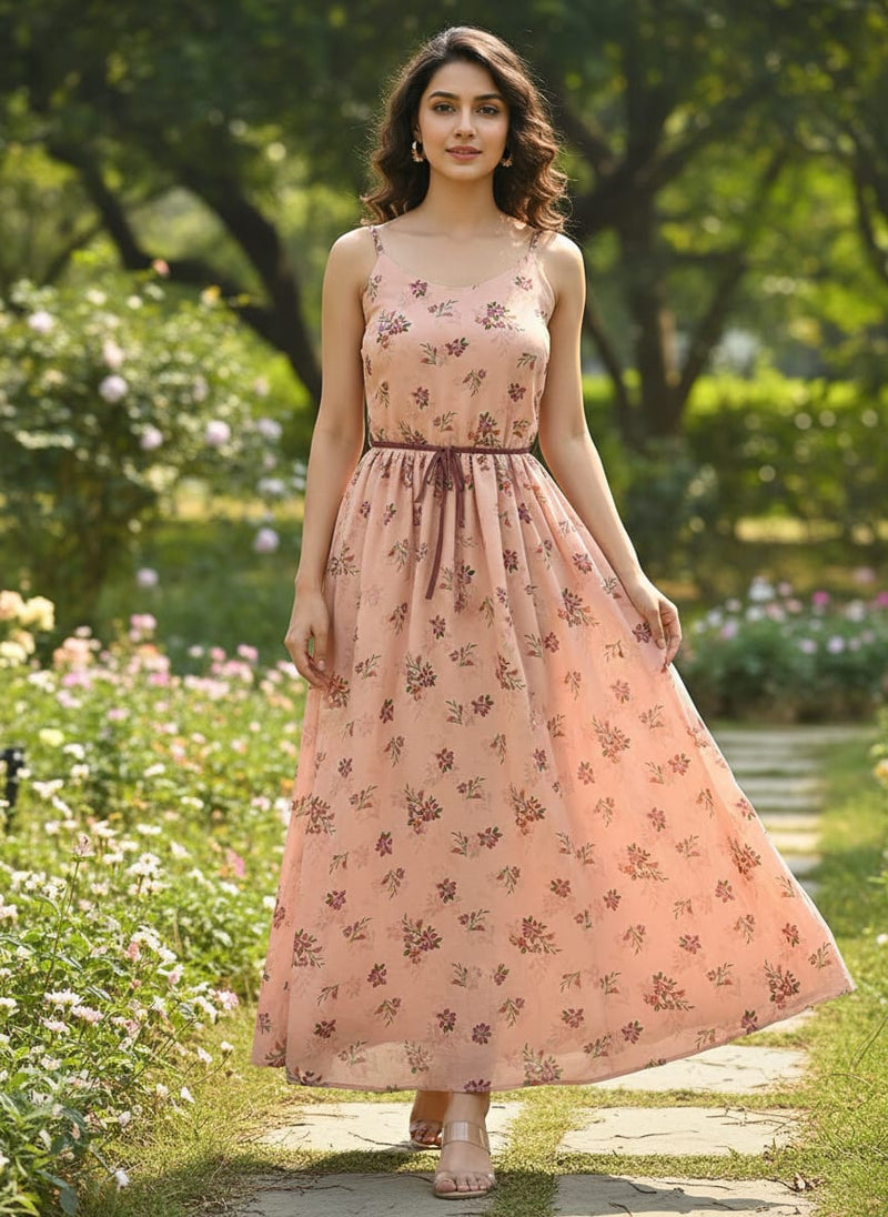 Peach Ditsy Floral Print Pure Muslin Digital Printed Fabric