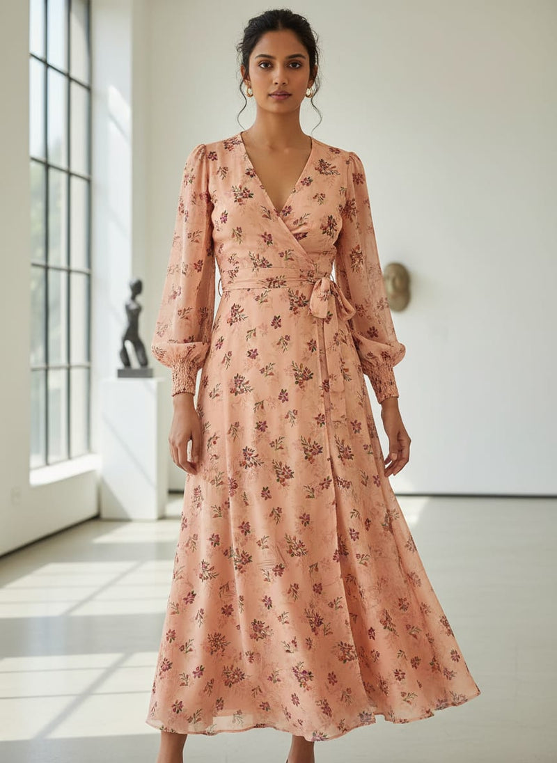 Peach Dainty Floral Sprigs Pure Georgette Digital Printed Fabric
