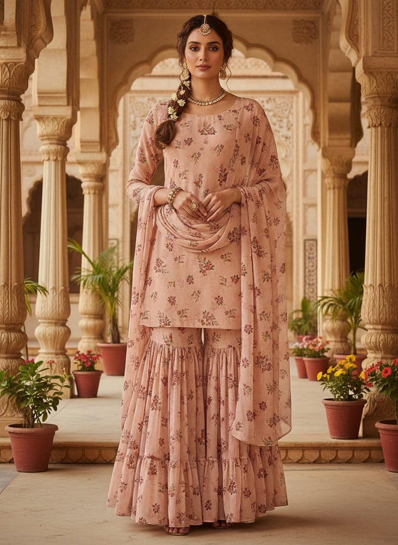 Peach Dainty Floral Sprigs Pure Georgette Digital Printed Fabric