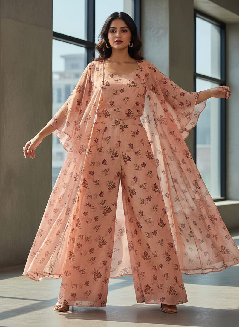 Peach Dainty Floral Sprigs Pure Georgette Digital Printed Fabric