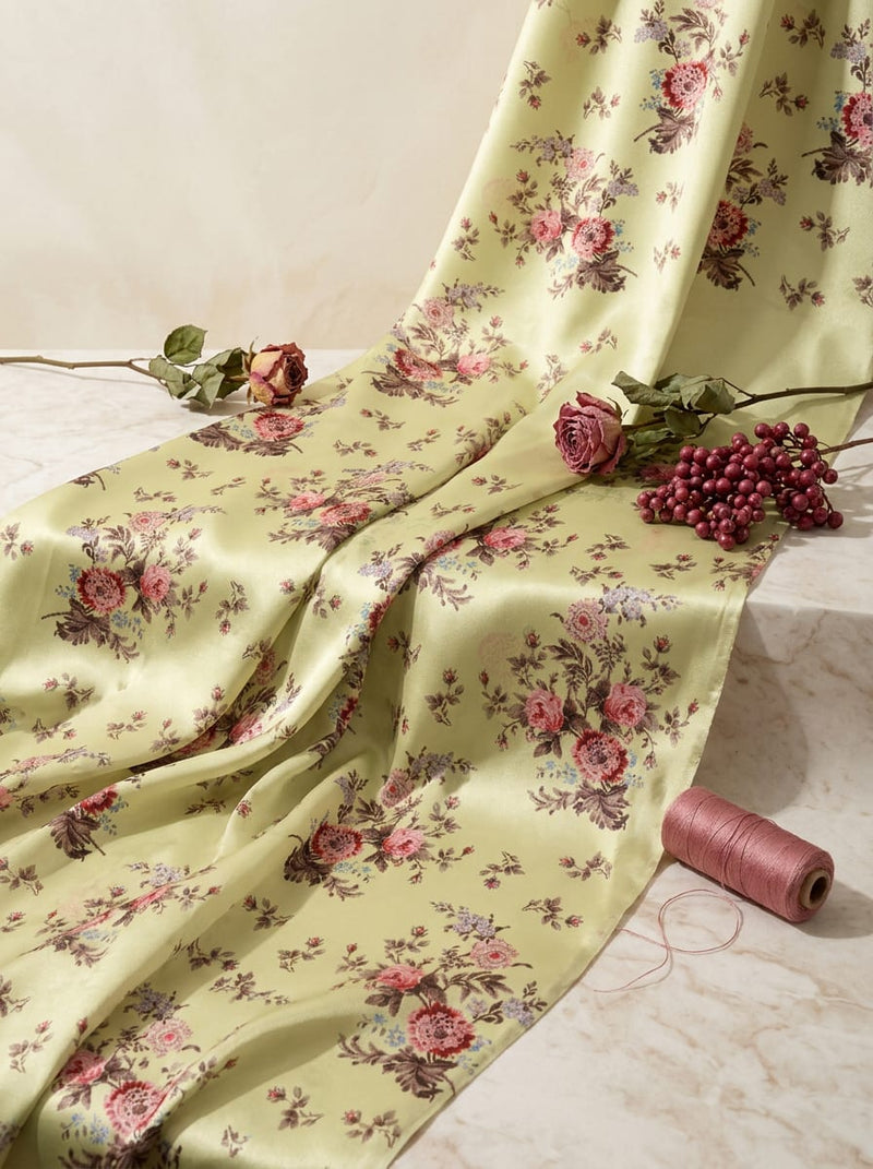 Yellow Vintage Rose Floral Bouquets Japan Satin Digital Printed Fabric