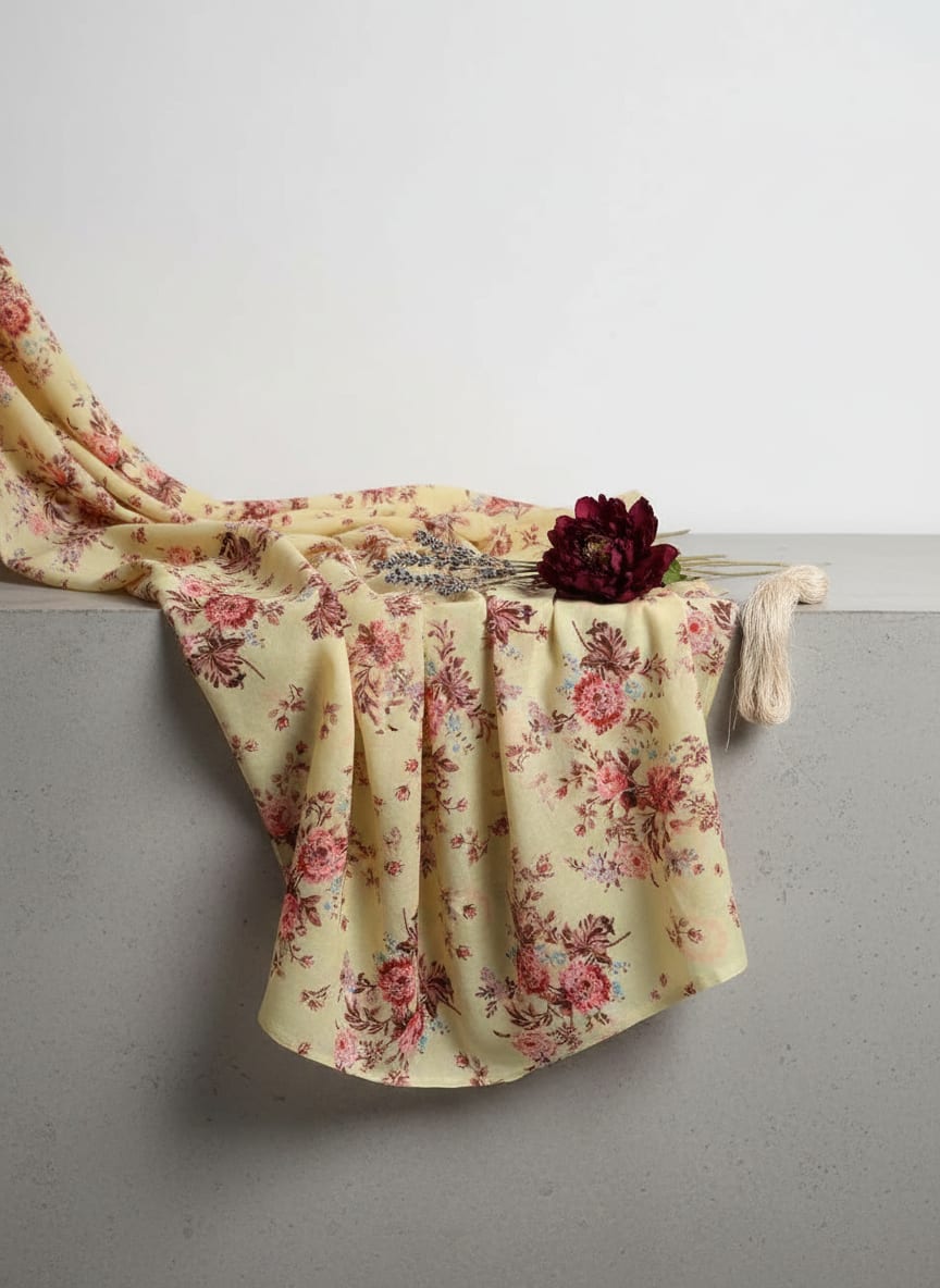 Yellow Vintage Rose Bouquet Pure Cotton Digital Printed Fabric