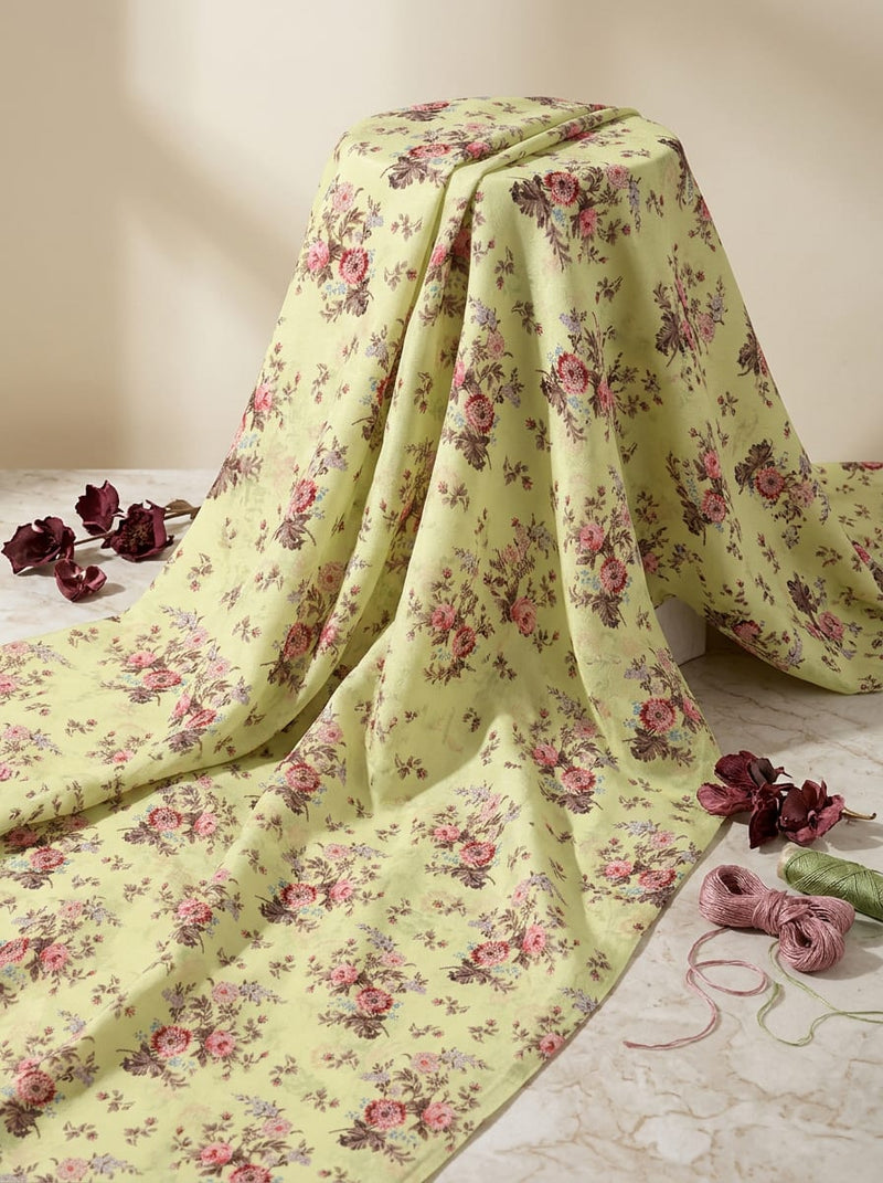 Yellow Vintage Floral Bouquet Upada Silk Digital Printed Fabric